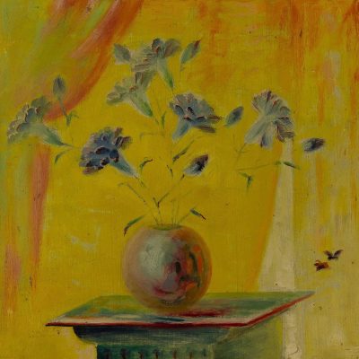 JM1472_André Evard_Nelken in Vase vor gelbem Hintergrund_1918_25x25cm_FRANKRAPP 2