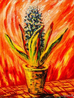 JM2516_André Evard_Blaue Hiazynthe vor rot bewegtem Hintergrund_1940_35x27cm_FRANK RAPP 2