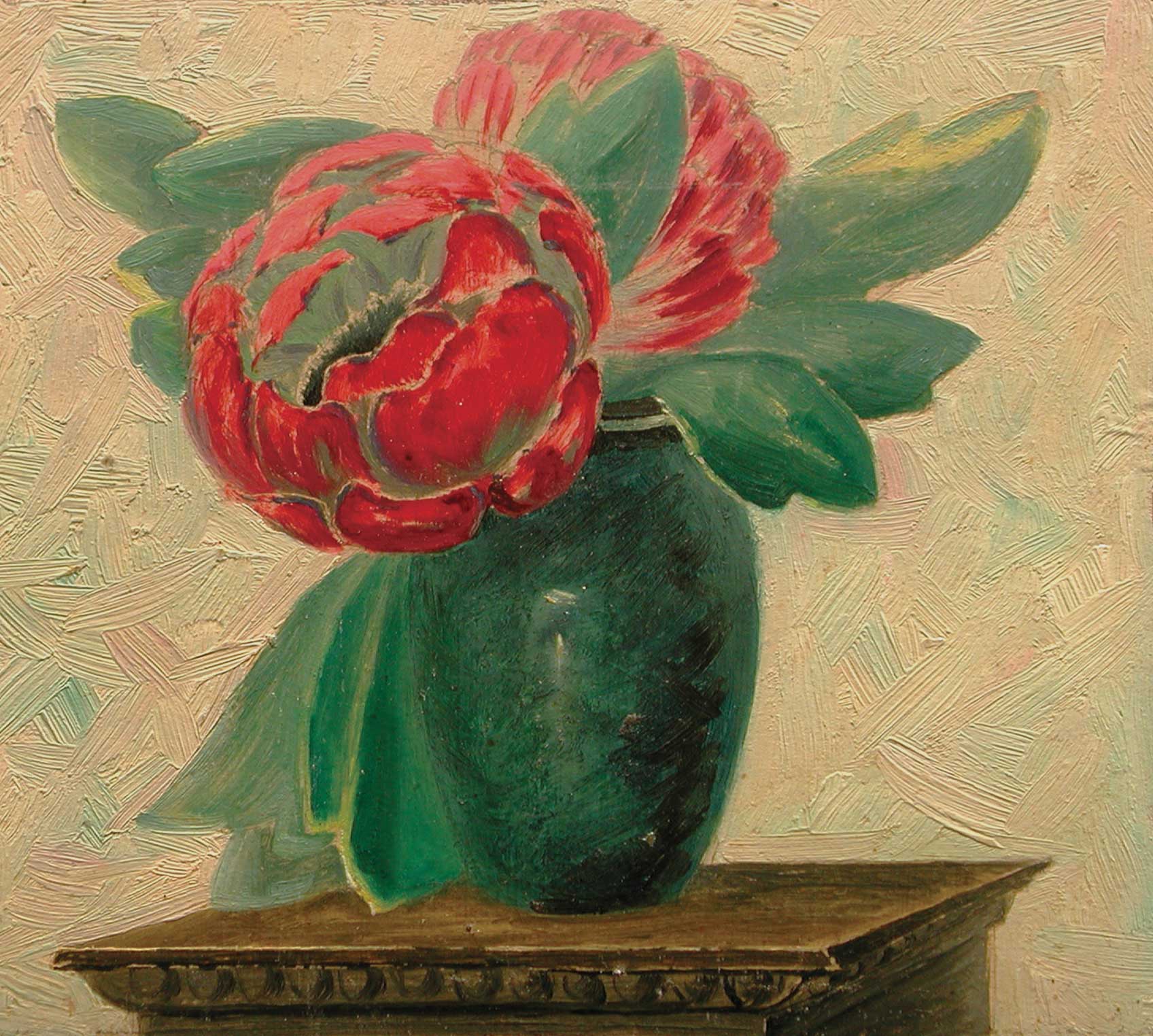 Evard_André_Pfingstrose_in_grüner_Vase_Öl_auf_Hartfaserplatte_22x25cm_1917_JM1488